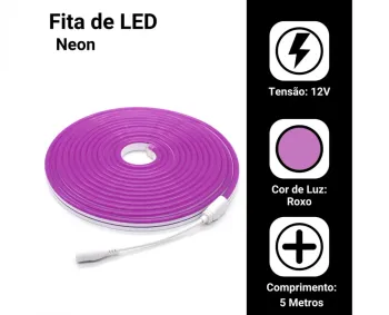 Mangueira Fita LED Neon ROXO 12v rolo 5 metros COM FONTE
