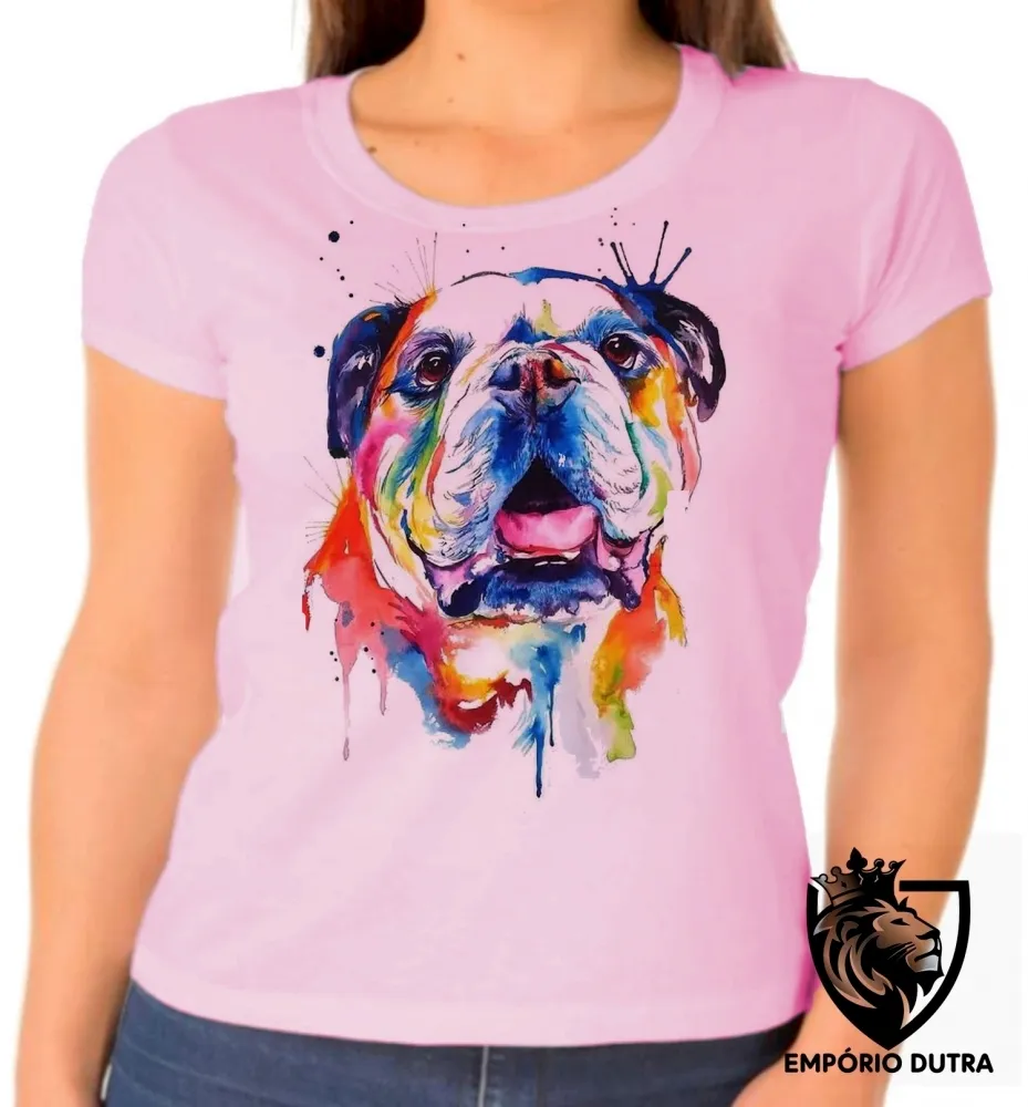 Baby look blusa feminina cachorro bulldog Buldogue colorido