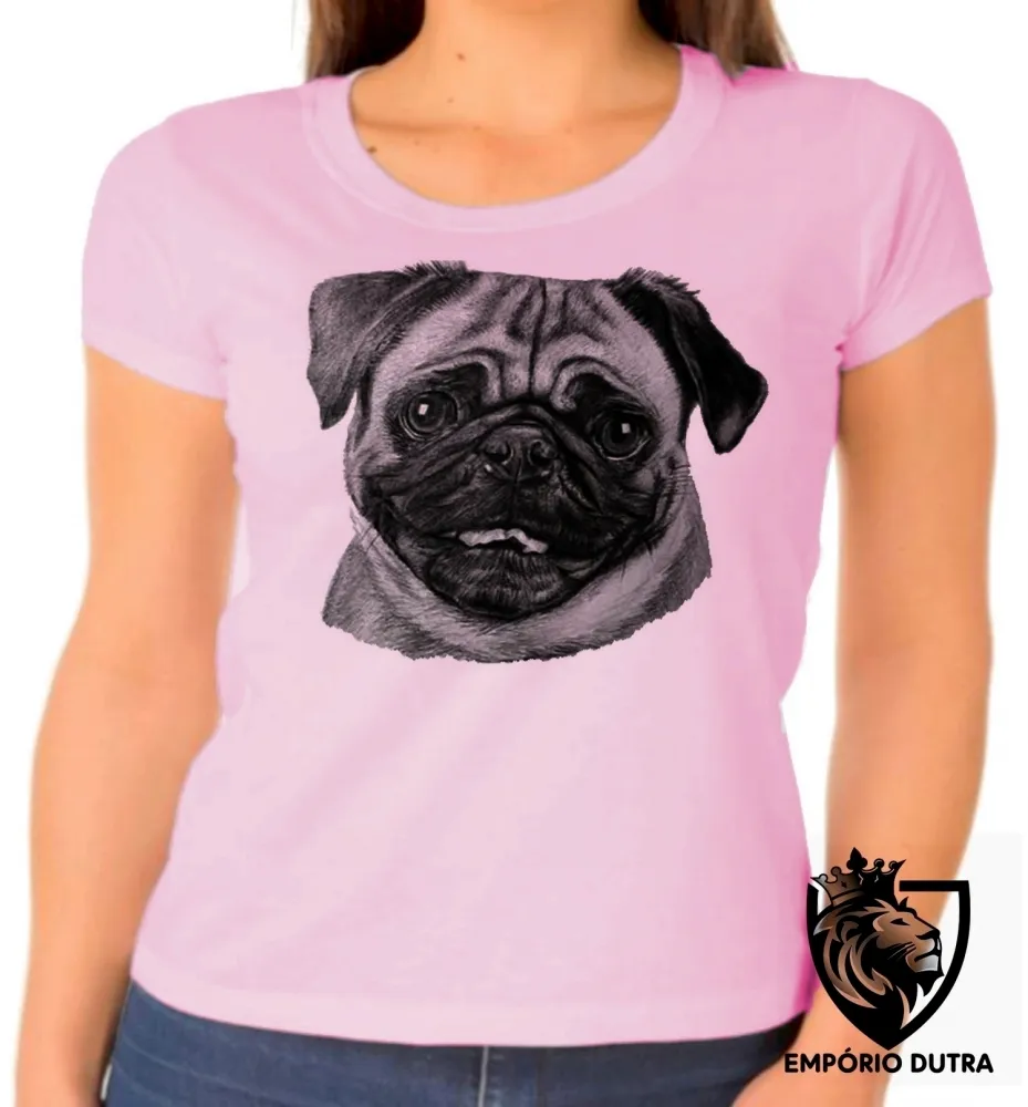 Baby look blusa feminina cachorro cão dog pug preto e branco Imagem