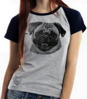 Baby look blusa feminina cachorro cão dog pug preto e branco - Foto 5
