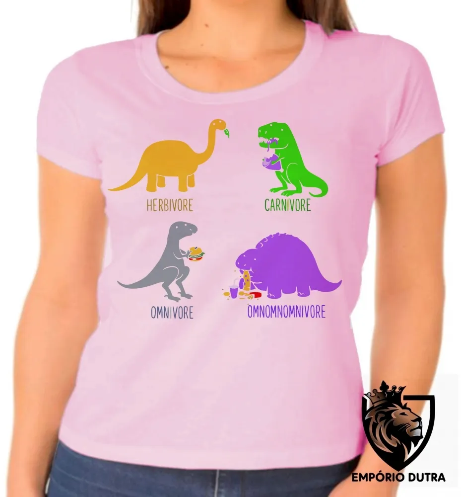 Baby look blusa feminina Dinossauros carnivoro vegetariano vegano