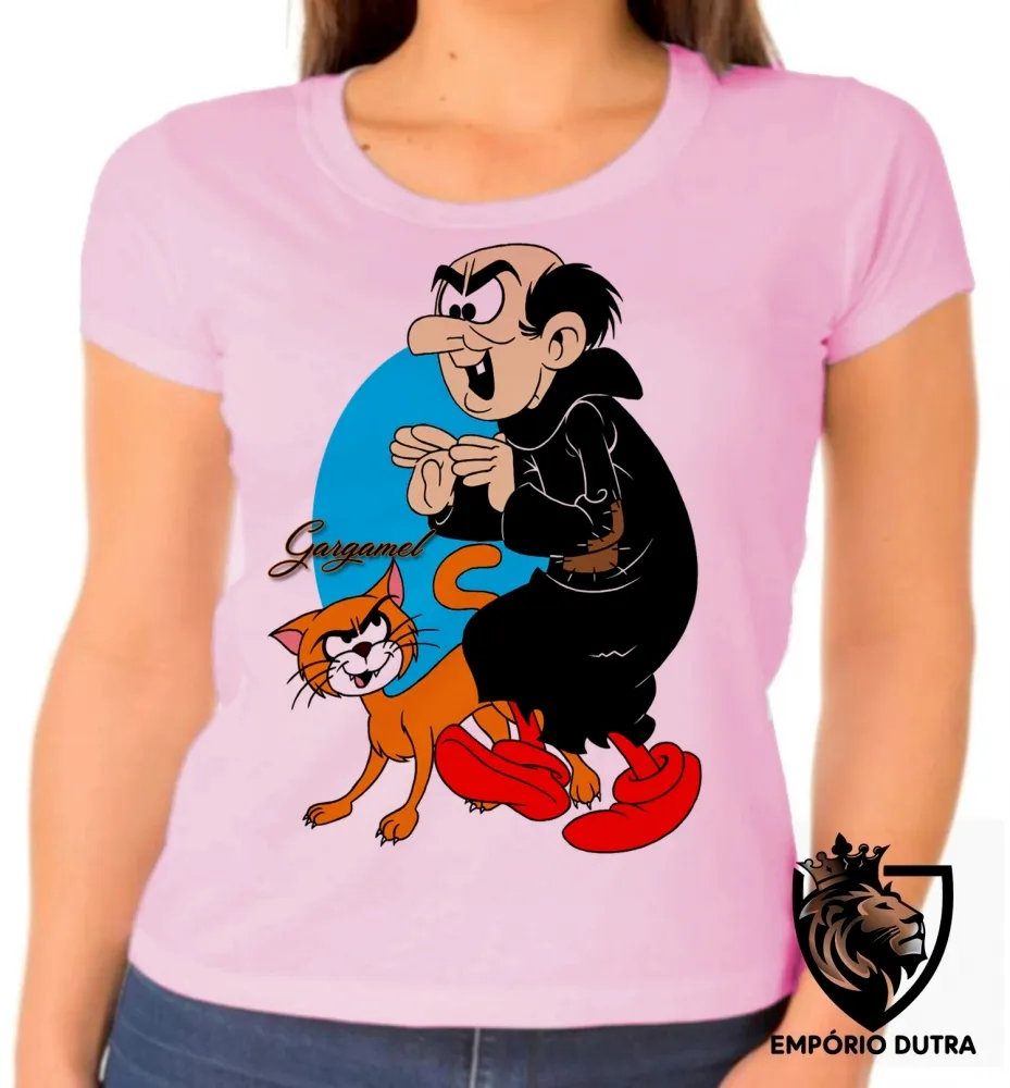 Baby look blusa feminina Gargamel bruxo vilão smurfs gato Imagem