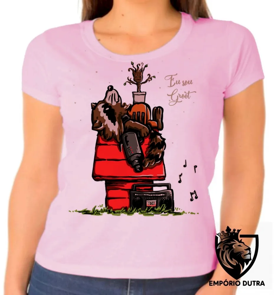 Baby look blusa feminina Guardiões da Galáxia Rocket Groot Snoopy