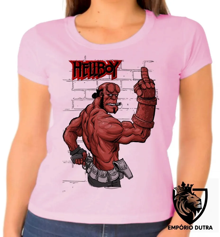 Baby look blusa feminina Hellboy dedo do meio parede Imagem