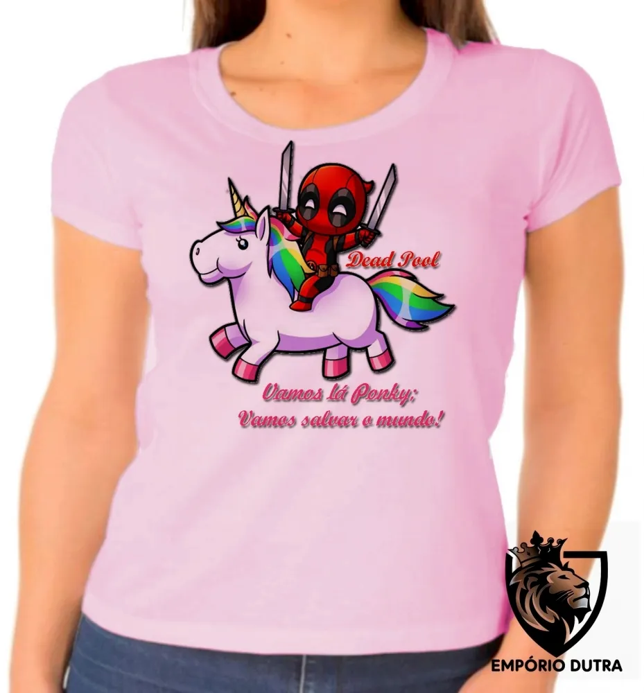 Baby look blusa feminina Dead Pool e unicórnio Ponky