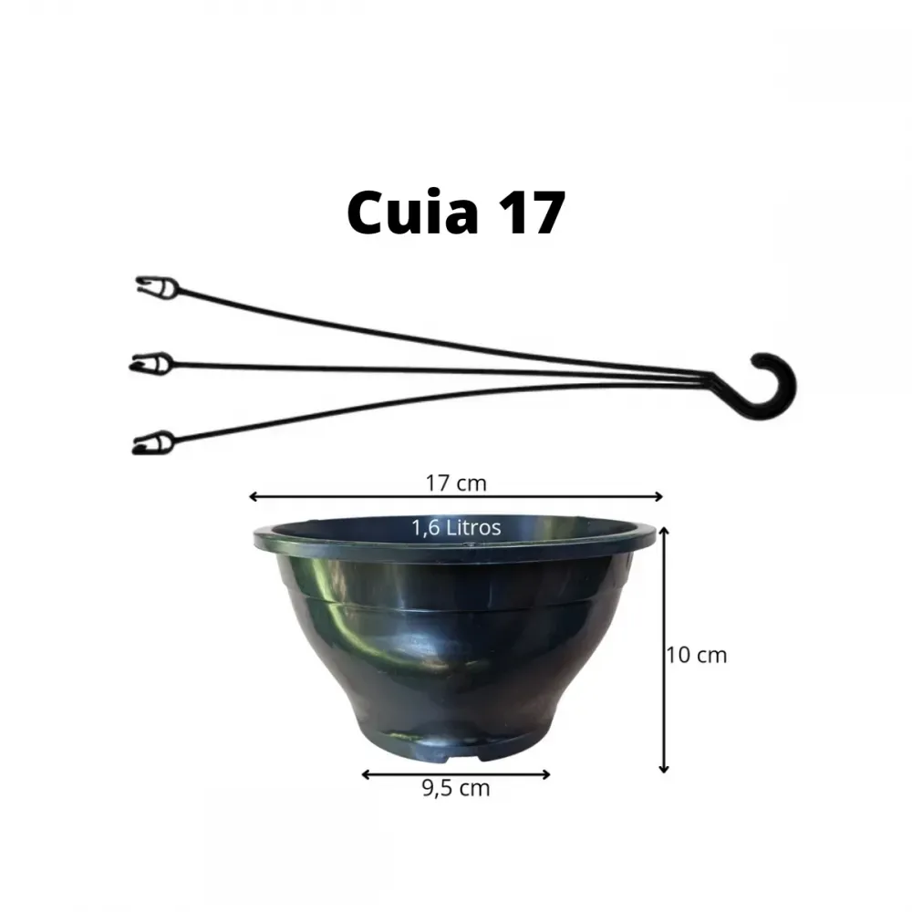 20 Vasos Plástico Cuia 17 e 20 Alças (Hastes) Plantas Pendentes Suculentas Cactos - Preto Imagem