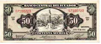 Equador - 50 Sucres - Cédula Estrangeira - BC - Obs.: com pequeno rasgo