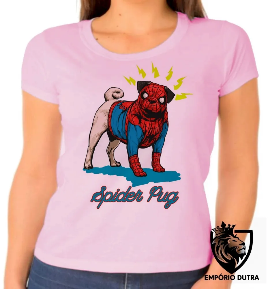 Baby look blusa feminina Spider Pug homem aranha cachorro