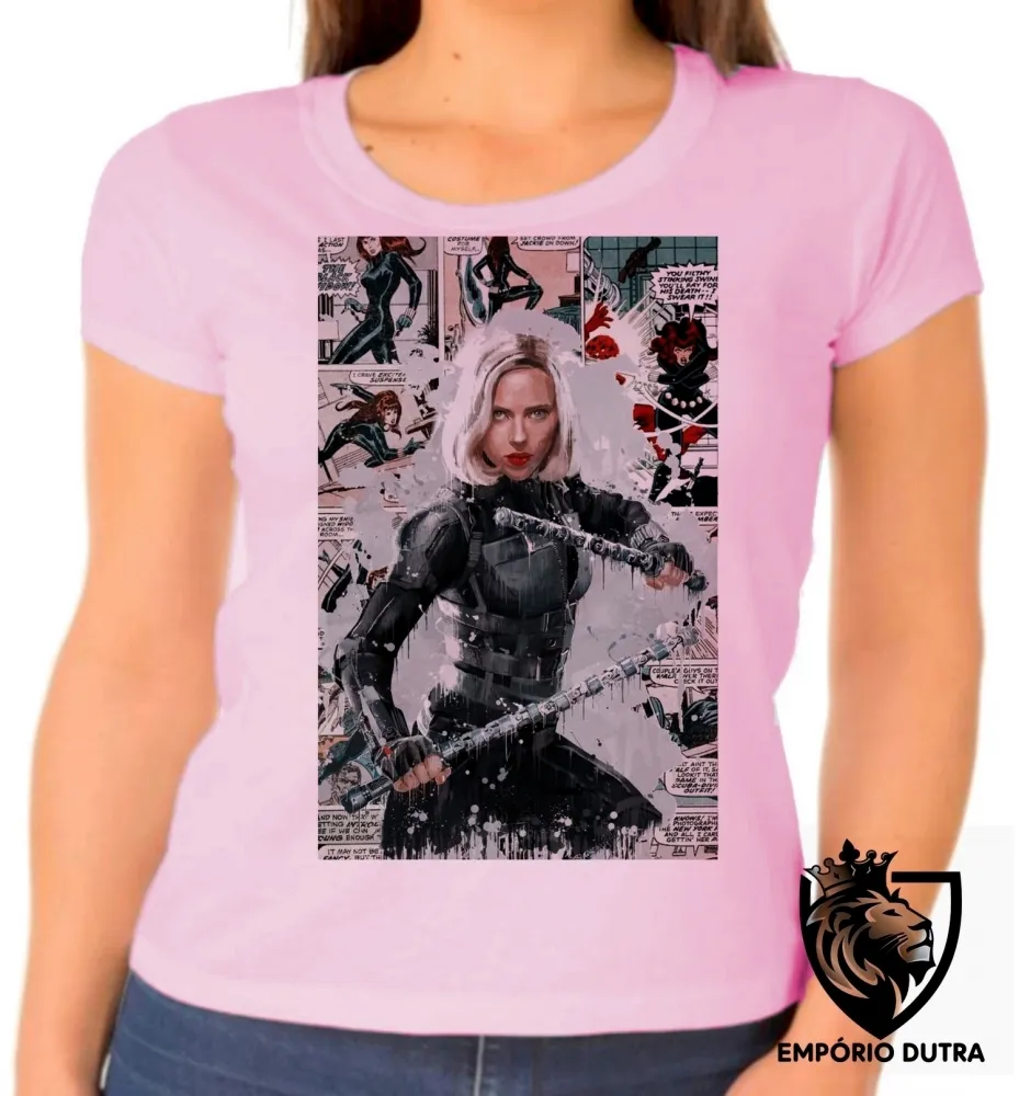Baby look blusa feminina Viúva Negra loira black widow marvel