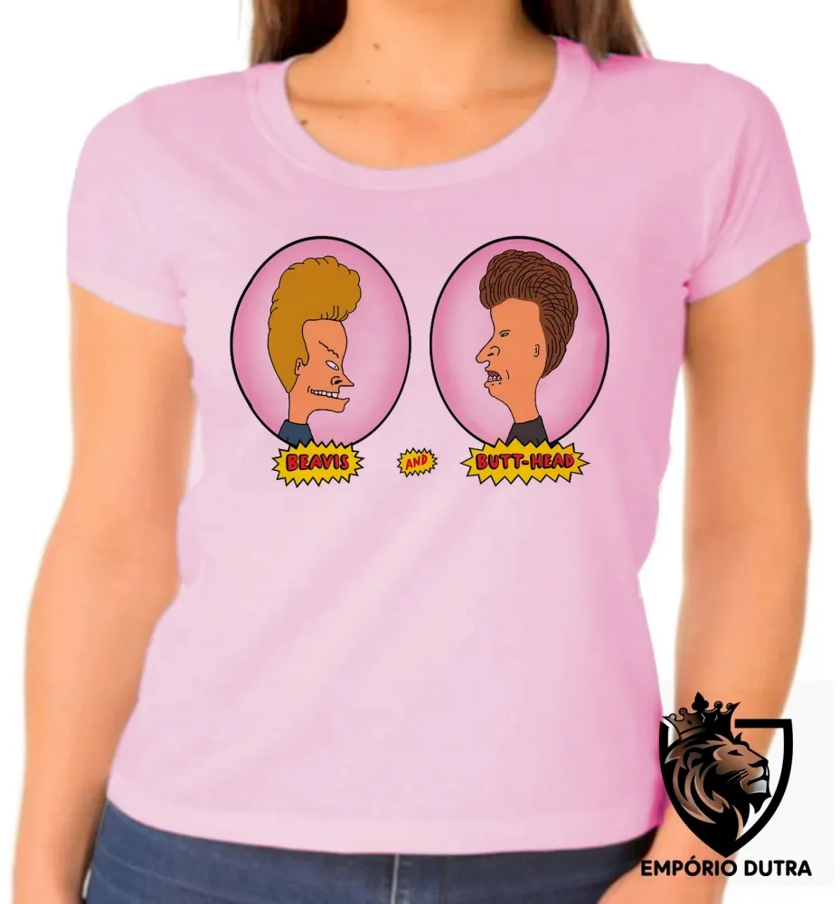 Baby look blusa feminina Beavis and Butt head balões rosa Imagem