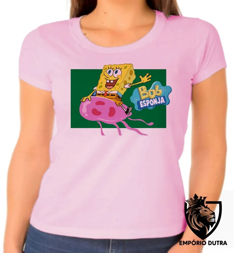 Baby look blusa feminina Bob Esponja e água viva desenho