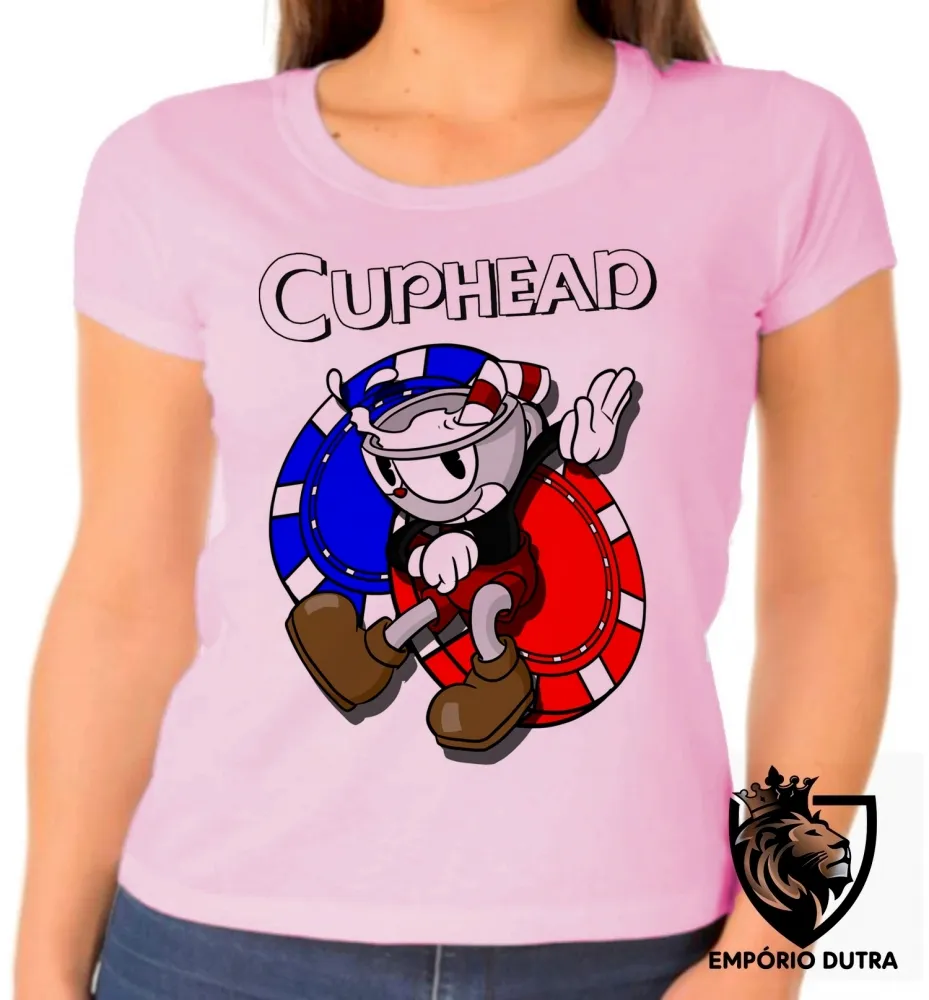 Baby look blusa feminina Cuphead azul vermelho jogo game