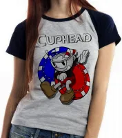 Baby look blusa feminina Cuphead azul vermelho jogo game - Foto 2