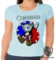 Baby look blusa feminina Cuphead azul vermelho jogo game - Foto 6