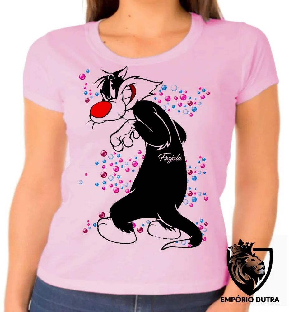 Baby look blusa feminina Frajola bolinhas gato cat piu Imagem