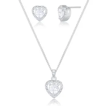 Conjunto de prata colar + brinco Coração -  281477