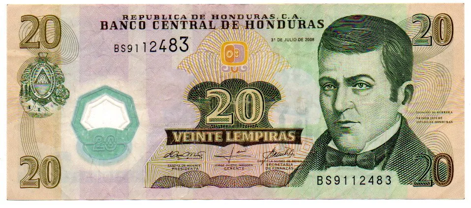 Honduras - 20 Lempiras - Polímero - Cédula Estrangeira - UTG (Rasurada)