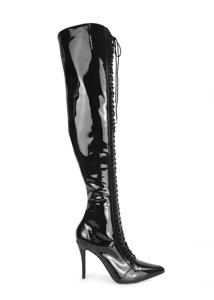 Bota Over the Knee Anitta Vinil Preta com Numeração Especial em Promoção