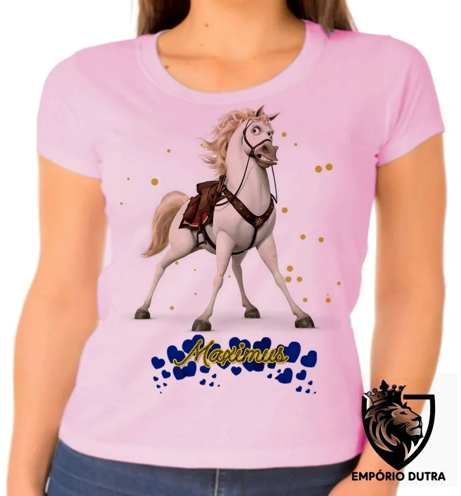 Baby look blusa feminina Maximus corações rapunzel cavalo Imagem