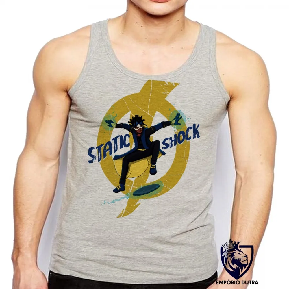Camiseta Regata adulto ou infantil super shock choque static desenho