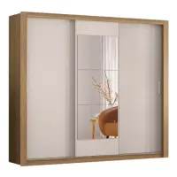 Guarda Roupas Casal 3 portas de Correr Com Espelho 2 Gavetas Viena Amêndoa / Off White Dem - Foto 2