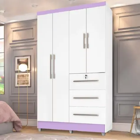 Guarda Roupas Solteiro 4 Portas 3 Gavetas Tokio Branco / Branco Lilás Flex