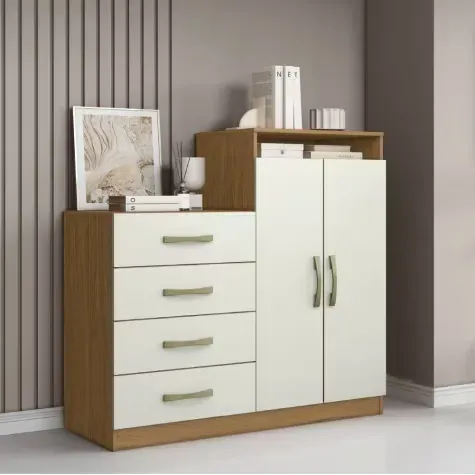 Cômoda 4 Gavetas 2 Portas Com Sapateira Organizadora Londres Atacama/Off White Aramóveis