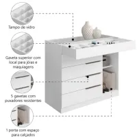 Cômoda 5 Gavetas Com Porta Joias Organizador Tampo De Vidro Sevilha Branco Aramóveis - Foto 2
