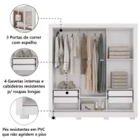 Guarda Roupas Casal 3 Portas de Correr com Espelho 4 Gavetas Giovanna Branco Caemmun - Foto 3