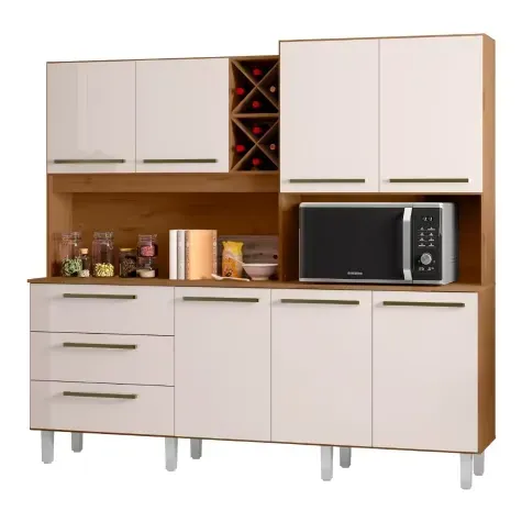Armário de Cozinha Completa Com Adega 7 Portas 3 Gavetas 2,07m Ajax Nature / Off White Zan Imagem