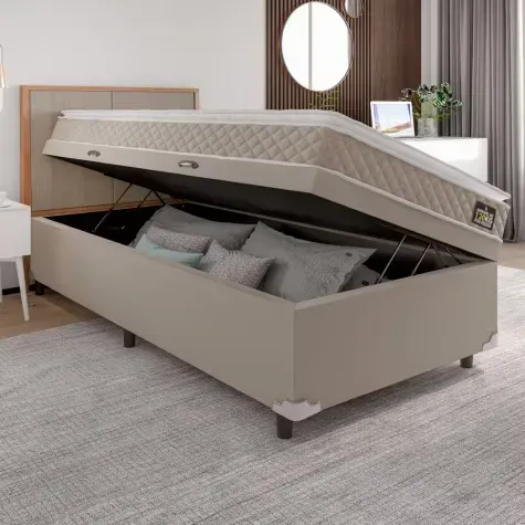 Cama Box Baú Solteiro Colchão D33 com Pillow Top Millenium 88x188x57cm Bege - Suporta até Imagem