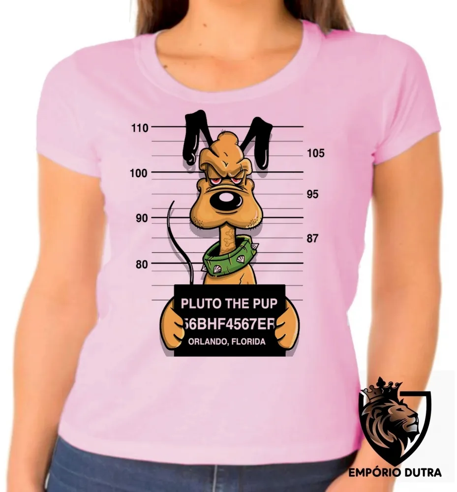Baby look blusa feminina Pluto preso prisão cachorro Imagem