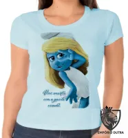 Baby look blusa feminina Smurfette você smurfou smurfs azuis - Foto 2