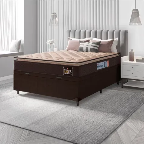 Cama Box Baú Casal Colchão Espuma D33 Pillow Top Millenium 138x188x60cm Marrom Hellen - Suporta até 120kg por Pessoa