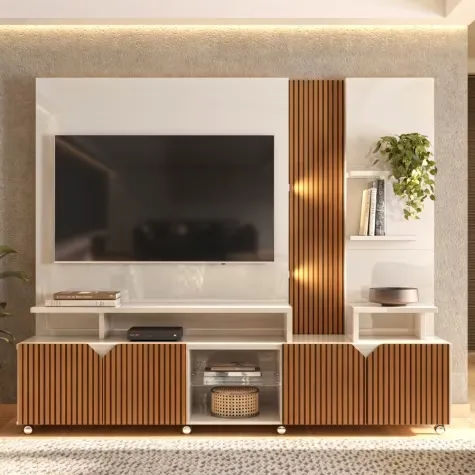 Estante Home Teather para TV até 55 Polegadas com LED Ripado Impressão 3D 2,10m Cross Off White Perolizado/Madeirado Tauari Lukaliam