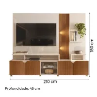 Estante Home Teather para TV até 55 Polegadas com LED Ripado Impressão 3D 2,10m Cross Off White Perolizado/Madeirado Tauari Lukaliam - Foto 2