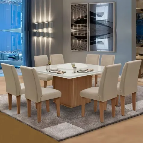 Conjunto Sala de Jantar Mesa Tampo Giratório 8 Cadeiras Siena Amsterdã Dobuê Cedro Off Areia