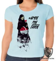 Baby look blusa feminina mais amor por favor caveira morte - Foto 4