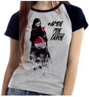 Baby look blusa feminina mais amor por favor caveira morte - Foto 6