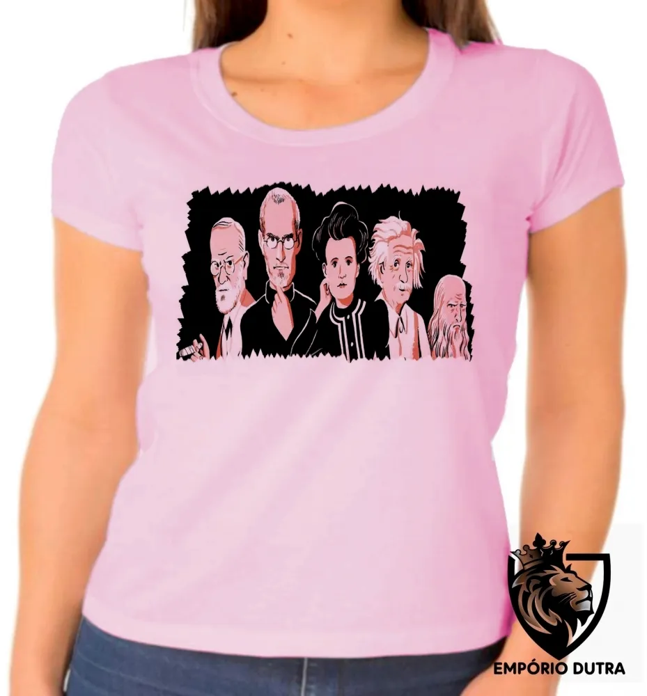 Baby look blusa feminina albert einstein leonardo da vinci sigmund freud steve jobs marie curie Imagem