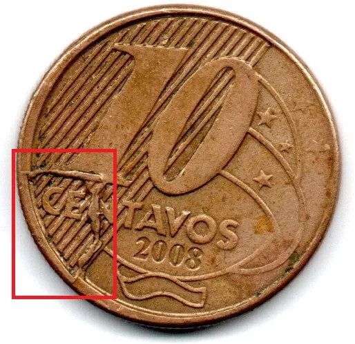2008 - 10 Centavos - ERRO: Cunho Rachado e Trincado - Moeda Brasil