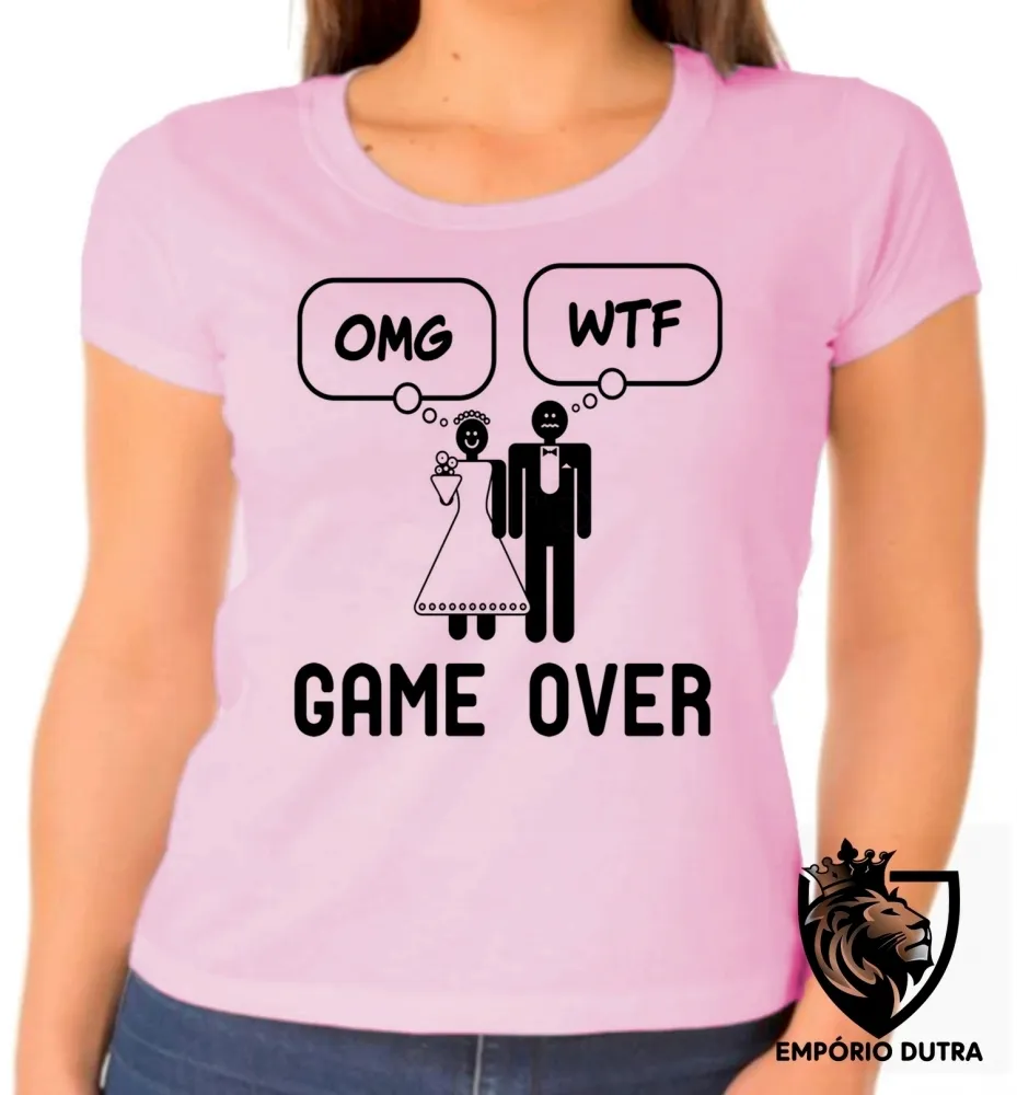 Baby look blusa feminina Casamento game over engraçado Imagem