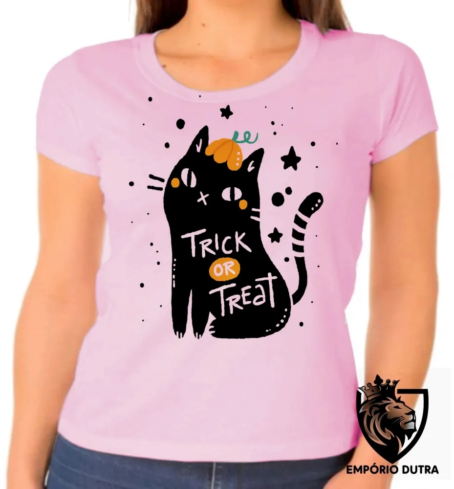 Baby look blusa feminina Cat trick treat gato doce travessura Imagem