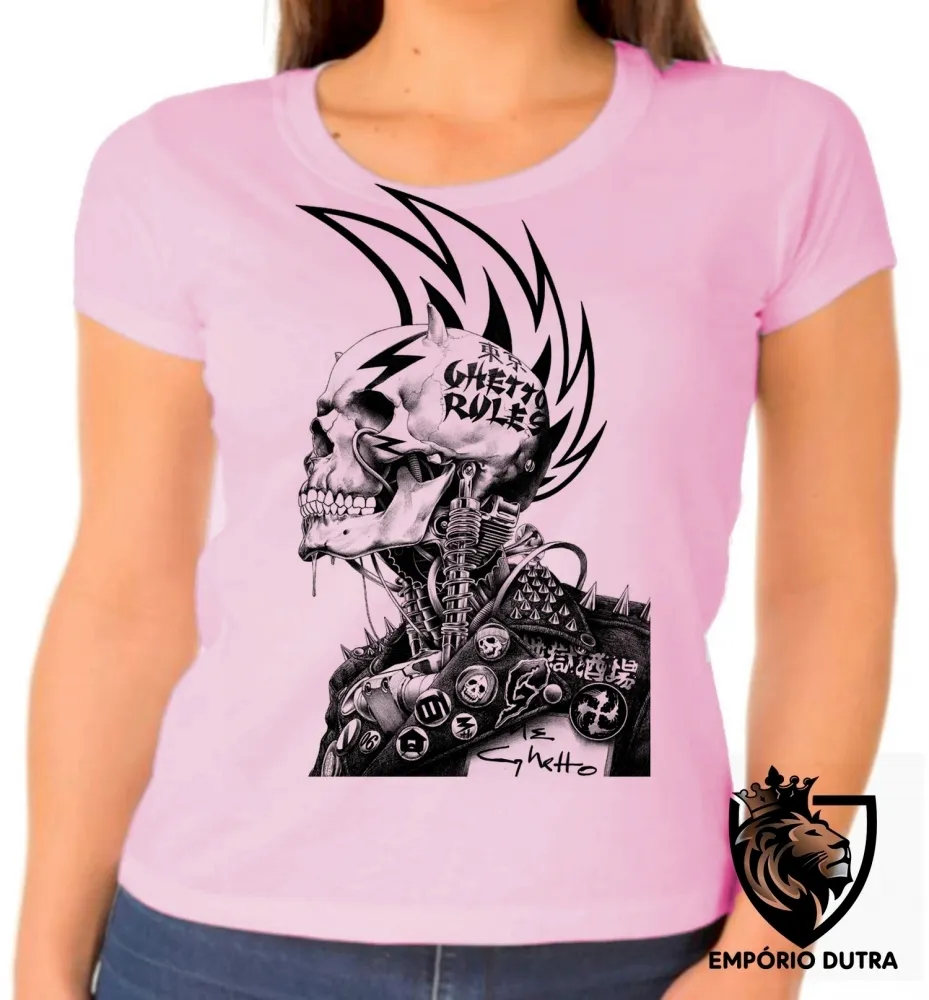 Baby look blusa feminina Caveira guetto rules regras punk Imagem