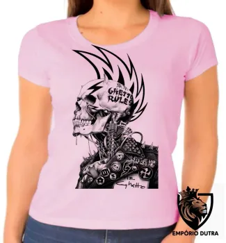 Baby look blusa feminina Caveira guetto rules regras punk