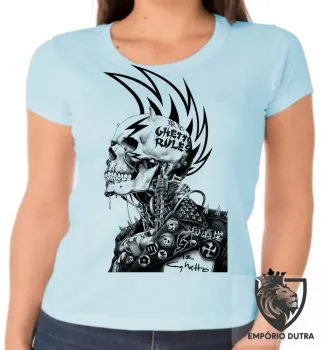 Baby look blusa feminina Caveira guetto rules regras punk - Foto 2