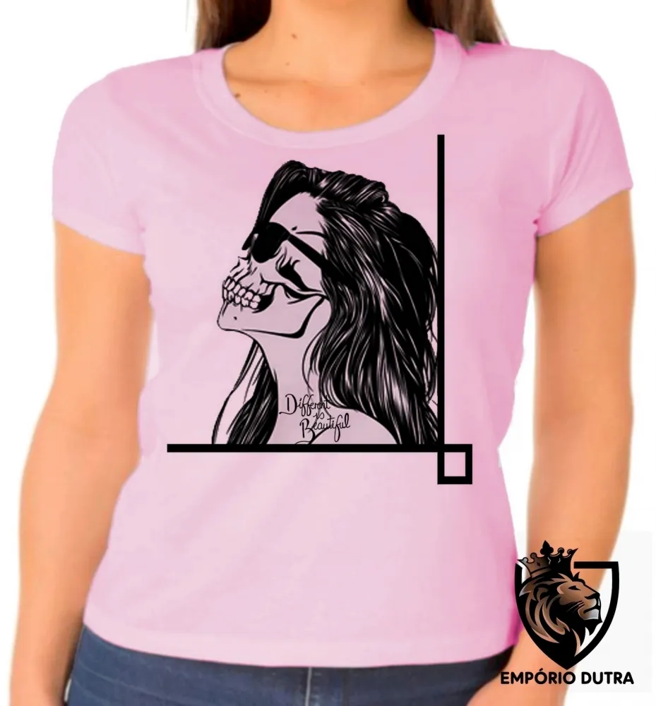 Baby look blusa feminina caveira tapa olho mexicana Different is beautiful Imagem