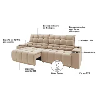 Sofá Connect Premium 2,00m Assento Retrátil/Reclinável com porta copos e entrada USB Suede Capuccino - Foto 4