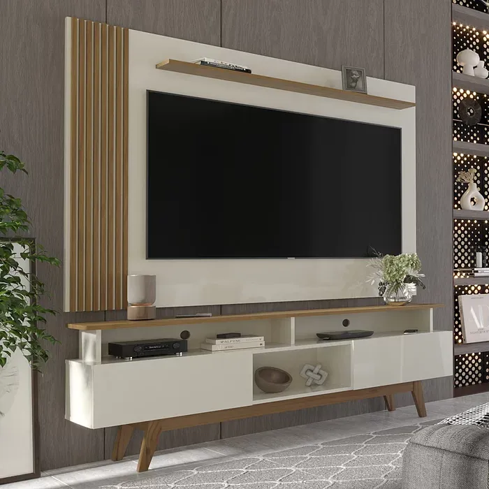 Rack com Painel Ripado para Tv até 70 Polegadas 2 Gavetas Grécia 180cm Off white/nature Imagem