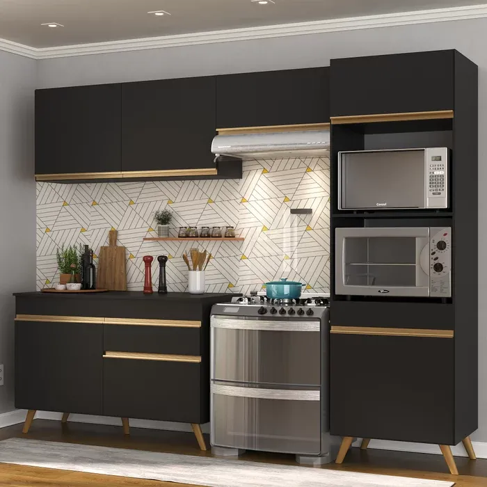 Cozinha Compacta 4 Pç com Armário e Balcão Mp3693 Veneza Gb Preta Preto Imagem